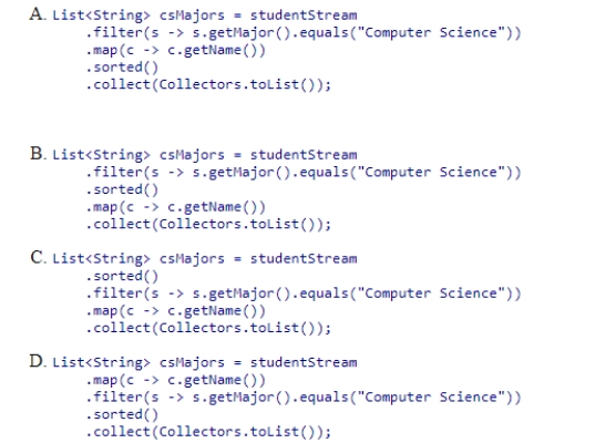 Which statement creates a list of names in alphabetical order of Computer Science majors? Assume that studentStream is a stream of Student objects and the getMajor and getName methods return a String representing the student's major and name, respectively.