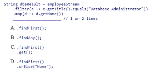 Complete the following code snippet that returns the name of an employee who is a Database Administrator or None if there are no such titled employees.