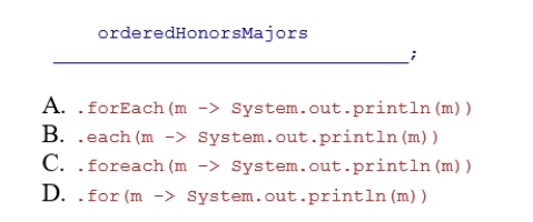 Complete the following code snippet to display the orderedHonorsMajors stream of alphabetically ordered String objects, representing the unique majors of the students in the honors college.