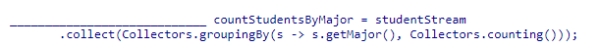Complete the following statement that finds the number of students by major.Assume that studentStream is a stream of Student objects and the getMajor method returns a String representing the student's major.    A) Map<String, Long> B) Map<String, List<Student>> C) Map<String, List<Long>> D) Map<String, Set<Student>>