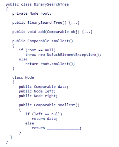 Given the BinarySearchTree and Node classes (partially shown below) , select an expression to complete the recursive method smallest in the Node class.The method returns the smallest data value in the binary search tree rooted at a node.    A) right.smallest()  B) left.smallest()  C) Math.min(left.smallest() , right.smallest() )  D) data.smallest() 