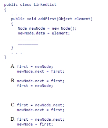 Insert the missing code in the following code fragment.This fragment is intended to add a new node to the head of a linked list: