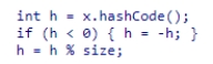 Consider the following code snippet, which computes h, the array index for storing x in a hash table.   What does size correspond to?  A) The size of the hash table. B) The number of elements to be stored. C) The number of collisions. D) The index of an empty hash table slot.