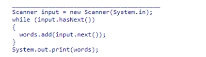 Select an appropriate declaration to complete the following code segment, which is designed to read strings from standard input and display them in increasing alphabetical order, excluding any duplicates.    A) LinkedList<String> words = new LinkedList<>() ; B) Set<String> words = new TreeSet<>() ; C) Set<String> words = new Set<>() ; D) Set<String> words = new HashSet<>() ;