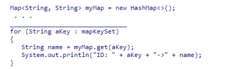 Complete the following code, which is intended to print out all key/value pairs in a map named myMap that contains String data for student IDs and names:    A) Map<String, String> mapKeySet = myMap.keySet() ; B) Set<String, String> mapKeySet = myMap.keySet() ; C) Set<String> mapKeySet = myMap.keySet() ; D) Set<String> mapKeySet = myMap.getKeySet() ;