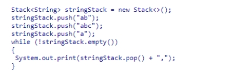 Consider the following code snippet:   What output will be produced when this code is executed?  A) abc,ab,a, B) a,ab,abc, C) ab,abc,a, D) a,abc,ab,