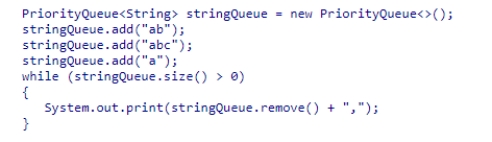 Consider the following code snippet:   What output will be produced when this code is executed?  A) ab,abc,a, B) a,ab,abc, C) abc,ab,a, D) a,abc,ab,