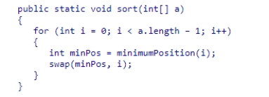Consider the sort method shown below for selection sort:   Suppose we modify the loop condition to read i < a.length.What would be the result?  A) The sort would work exactly the same as before the code modification. B) The sort would work, but run one more iteration. C) The sort would work but with one less iteration. D) An exception would occur.