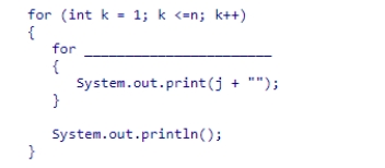 BBBBBBBBBBBBBBBBBBBBBBBBBBThe code segment below displays a table of numbers.Select an expression to complete the code segment, so that the resulting algorithm has O(n<sup>2</sup>)  running time.    A) (int j = 1; j <= 200; j++)  B) (int j = 1; j < k; j = j * 2)  C) (int j = 0; j < k; j++)  D) (int j = n; j > 0; j = j / 2) 