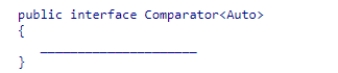 Complete the code shown to define the Comparator interface for comparing Auto objects.    A) boolean compare(Auto a, Auto b) ; B) single compare(Auto a, Auto b) ; C) single compareTo(Auto a, Auto b) ; D) int compare(Auto a, Auto b) ;