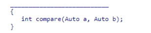 Complete the code shown to define the Comparator interface for comparing Auto objects.    A) public class Comparator<Auto> B) public class Comparator<Auto> implements Comparator C) public interface Comparator<Auto> D) public interface Auto<Comparator>