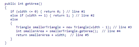 Consider the getArea method from the textbook shown below.   Where is/are the terminating condition(s) ?  A) line #2 B) line #4 C) line #1 D) lines #1 and #2