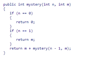 Consider the following recursive code snippet:   What value is returned from a call to mystery(3,6) ?  A) 18 B) 3 C) 6 D) 729