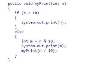 Consider the recursive method myPrint in this code snippet:   What is printed for the call myPrint(821) ?  A) 821 B) 12 C) 10 D) 128