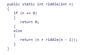 Consider the code for the recursive method riddle shown in this code snippet:   To avoid infinite recursion, which of the following lines of code should replace the current terminating case?  A) if (n <= 0)  B) if (n == -1)  C) if (n >= 0)  D) The terminating case as shown will avoid infinite recursion.