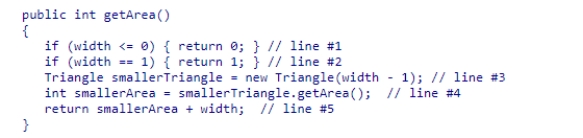 Consider the getArea method from the textbook shown below:   If line #1 was eliminated from the method, what would be the result when calling getArea?  A) A positive width would reduce the correct area by 1. B) We would lose our only recursive case. C) Nothing - the method would still work correctly. D) A negative or zero width would cause problems.