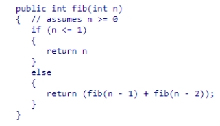 How many recursive calls to the fib method shown below would be made from an original call to fib(4) ? (Do not count the original call)     A) 8 B) 4 C) 1 D) 2