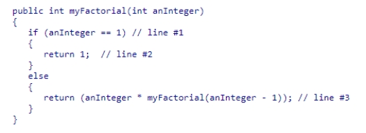 Consider the code for the myFactorial recursive method shown below, which is intended to compute the factorial of the value passed to the method:   If you set a breakpoint on line #2 and then call myFactorial(4) , how many calls to myFactorial will be visible on the debugger's call stack when the program suspends for the breakpoint?  A) 0 because the answer was returned B) 3 C) 4 D) 1