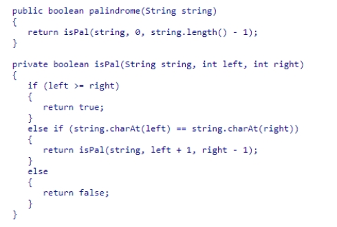A palindrome is a word or phrase spelled which reads the same forward or backward.Consider the following code snippet:   What does the method palindrome return?  A) false B) a palindrome not found exception C) the Boolean value returned from the isPal method D) true