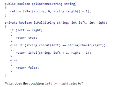 A palindrome is a word or phrase that reads the same forward or backward.Consider the following code snippet:    A) You have reached the middle of the string. B) It cannot be determined if the string is a palindrome. C) An empty or one-character string is considered a palindrome. D) The string is not a palindrome.