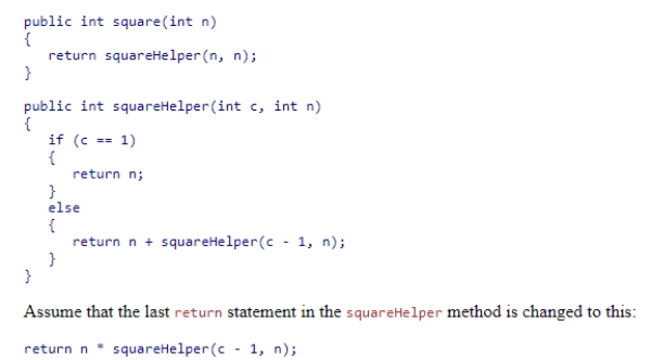 Consider the square method shown below that takes a non-negative int argument.   What would a call to square(4)  return?  A) 256 B) 4 C) 16 D) 64