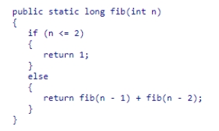 Consider the fib method from the textbook shown below.   Calling fib(3)  will trigger ___ recursive call(s)  and execute the terminating condition ___ time(s) , respectively.  A) 1, 1 B) 1, 2 C) 2, 2 D) 2, 1