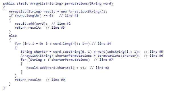 Consider the permutations method from the textbook, which is intended to return all permutations of the word passed in as a parameter.Which line contains the terminating condition in the permutations recursive method?    A) line #1 B) line #9 C) line #6 D) line #8