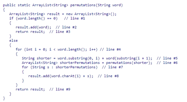 Consider the permutations method from the textbook, which is intended to return all permutations of the word passed in as a parameter.How does the permutations method simplify its input for the recursive call?    A) It finds permutations of a shorter word by removing both the first and last character. B) It finds permutations of a shorter word by removing the last character. C) It finds permutations of shorter words formed by removing the ith character. D) It finds permutations of a shorter word by removing the first character.