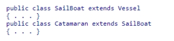 Consider the following code snippet:   Which of the following statements is NOT correct?  A) SailBoat inherits from Vessel. B) Catamaran inherits from Vessel. C) Catamaran inherits from Sailboat. D) Catamaran depends on SailBoat.
