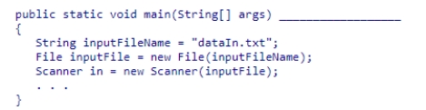 Insert the missing code in the following code fragment.This fragment is intended to read an input file named dataIn.txt.    A) finally FileNotFoundException B) throws FileNotFoundException C) extends FileNotFoundException D) catches FileNotFoundException