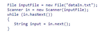 Consider the following code snippet.   Which of the following statements about this code is correct?  A) This code will read in a word at a time from the input file. B) This code will read in a line at a time from the input file. C) This code will read in the entire input file in one operation. D) This code will read in a character at a time from the input file.
