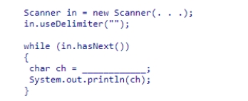 Insert the missing code in the following code fragment.This fragment is intended to read characters from a text file.    A) in.getNext()  B) in.next() .charAt(0)  C) in.next()  D) in.nextChar() 