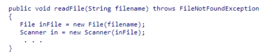Consider the following code snippet:   If the file cannot be located, which of the following statements about this code is correct?  A) It cannot be determined how the method must handle the exception if the file cannot be located. B) This method must handle the exception in the body of the method. C) This method will be terminated if the file cannot be located. D) This method must use a throw statement to pass the error back to its caller.