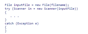 Consider the following code snippet:   Which of the following statements about this code is correct?  A) This code will not catch a FileNotFoundException that occurs in the try block. B) This code will not catch any exceptions that occur in the try block. C) This code will pass any exceptions back to its caller. D) This code will catch exceptions that occur in the try block but will do nothing about the exceptions.