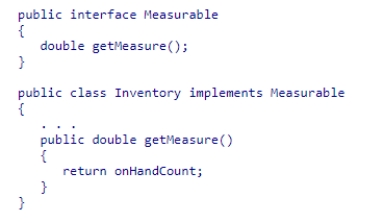Consider the definition of the Measurable interface and the code snippet defining the Inventory class:   Why is it necessary to declare getMeasure as public in the Inventory class?  A) It is necessary only to allow other classes to use this method. B) It is not necessary to declare this method as public. C) All methods in an interface are private by default. D) All methods in a class are not public by default.