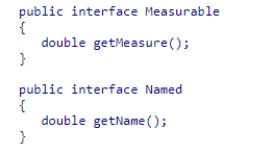 Using the following definitions of the Measurable and Named interfaces.   Assume BankAccount provides the code for the getMeasure()  and getName()  methods.Which of the following could correctly represent the class header for BankAccount?  A) public class BankAccount extends Measurable implements Named B) public class BankAccount implements Measurable, Named C) public interface BankAccount implements Measurable, Named D) public class BankAccount extends Measurable, Named