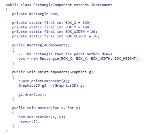 Consider the code snippet below:   Which statement causes the rectangle to appear at an updated location?  A) g2.draw(box) ; B) private Rectangle box; C) box.setLocation(x, y) ; D) repaint() ;