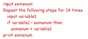 What is the purpose of the following algorithm?    A) To search for a particular number among 15 numbers. B) To find the largest among 15 numbers. C) To print out the 15 numbers. D) To find the smallest among 15 numbers.