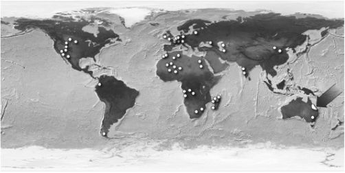 In the figure below,the region at the lower right indicated by the arrow is the only modern-day location of the freshwater lungfish.Fossils of the ancestors of the lungfish,however,have been found all over the world (dots throughout the map) .What does the distribution of these fossils indicate?   A)  When Pangaea separated to form smaller continents,the living ancestors of the lungfish were separated.When they died,some of them formed fossils in their new lands. B)  The same species of lungfish evolved on all of Earth's major landmasses after continental drift had stopped. C)  The ancestors of the lungfish existed on Pangaea.After they died,some were fossilized.Their fossils were separated by continental drift. D)  Lungfish were much more successful in the climates of North America than they were in the climates of South America.