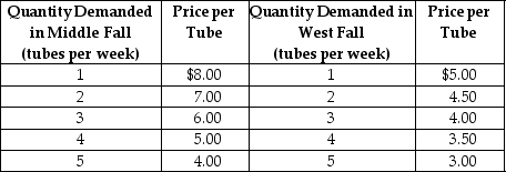 Table 16-2    Neem Products sells its Ayurvedic Neem toothpaste in two completely isolated markets with demand schedules as shown in Table 16-2. The average cost of production is constant at $2 per tube. -Refer to Table 16-2. How many tubes of toothpaste will Neem sell in Middle Fall and at what price? A)  Q = 2 units; P = $7 B)  Q = 3 units; P = $6 C)  Q = 4 units; P = $5 D)  Q = 5 units; P = $4