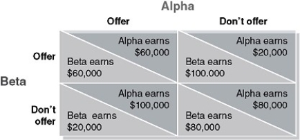 Table 14-4   Alpha and Beta are the only firms selling gyros in the upscale town of Delphi. Each firm must decide on whether to offer a discount to students to compete for customers. If one firm offers a discount but the other does not, then the firm that offers the discount will increase its profit. Table 14-4 shows the payoff matrix for this game. -Refer to Table 14-4. Does Alpha have a dominant strategy and if so, what is it? A)  Yes, Alpha should offer a student discount. B)  Yes, Alpha should not offer a student discount. C)  There are two dominant strategies: if Beta offers a student discount then Alpha's best bet is to not offer a student discount, but if Beta does not offer a student discount then Alpha should offer a student discount. D)  No, there is no dominant strategy.