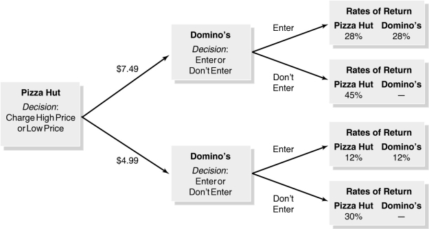 Figure 14-6   -Refer to Figure 14-6 Use the decision tree to determine whether Pizza Hut should deter Domino's from entering the market for pasta salad. Assume that each firm must earn a 25% return on investment to break even. Explain Pizza Hut's decision process.