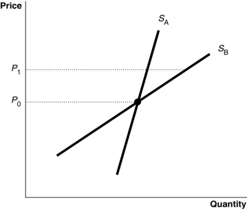 Figure 6-12   -Refer to Figure 6-12. Suppose the diagram shows the supply curves for a product in the short run and in the long run. Which supply curve represents supply in the short run and which curve represents supply in the long run? A)  S<sub>B</sub> represents supply in the short run and S<sub>A</sub> represents supply in the long run. B)  Either S<sub>A</sub> or S<sub>B</sub> could represent supply in the short run; in the long run the supply curve must be a vertical line. C)  Either S<sub>A</sub> or S<sub>B</sub> could represent supply in the long run; in the short run the supply curve must be a horizontal line. D)  S<sub>A</sub> represents supply in the short run and S<sub>B</sub> represents supply in the long run.