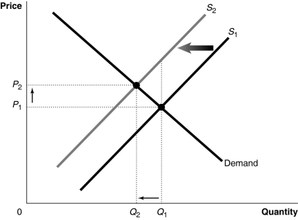 Figure 5-1   Figure 5-1 shows a market with an externality. The current market equilibrium output of Q<sub>1</sub> is not the economically efficient output. The economically efficient output is Q<sub>2</sub>. -Refer to Figure 5-1. Suppose the current market equilibrium output of Q<sub>1</sub> is not the economically efficient output because of an externality. The economically efficient output is Q<sub>2</sub>. In that case, the diagram shows A)  the effect of a positive externality in the production of a good. B)  the effect of a negative externality in the production of a good. C)  the effect of an external cost imposed on a producer. D)  the effect of an external benefit such as a subsidy granted to consumers of a good.