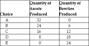 Table 2-5 Production choices for Nadia's Neckware    -Refer to Table 2-5. Assume Nadia's Neckware only produces ascots and bowties. A combination of 16 ascots and 6 bowties would appear A)  along Nadia's production possibilities frontier. B)  inside Nadia's production possibilities frontier. C)  outside Nadia's production possibilities frontier. D)  at the horizontal intercept of Nadia's production possibilities frontier.