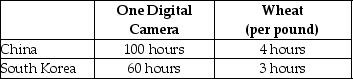 Table 2-11    Table 2-11 shows the number of labor hours required to produce a digital camera and a pound of wheat in China and South Korea. -Refer to Table 2-11. What is South Korea's opportunity cost of producing one digital camera? A)  0.05 pounds of wheat B)  20 pounds of wheat C)  25 pounds of wheat D)  60 pounds of wheat