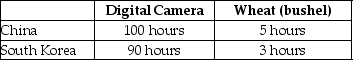Table 2-21    -Refer to Table 2-21. This table shows the number of labor hours required to produce a digital camera and a bushel of wheat in China and South Korea. a. Which country has an absolute advantage in the production of digital cameras? b. Which country has an absolute advantage in the production of wheat? c. What is China's opportunity cost of producing one digital camera? d. What is South Korea's opportunity cost of producing one digital camera? e. What is China's opportunity cost of producing one bushel of wheat? f. What is South Korea's opportunity cost of producing one pound of wheat? g. If each country specializes in the production of the product in which it has a comparative advantage, who should produce digital cameras? h. If each country specializes in the production of the product in which it has a comparative advantage, who should produce wheat?