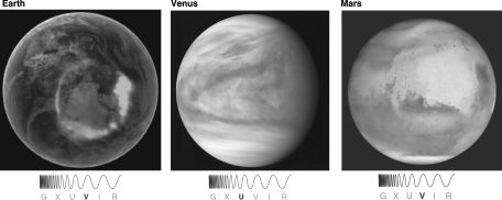 By examining the three images in the following figure, what can you conclude?   A)  Venus is covered with clouds. B)  Earth has a large amount of liquid water. C)  Some form of ice does exist on Mars, but it does not have large amounts of liquid water. D)  The planets in order from the least to most dense atmospheres are Mars, Earth, and Venus. E)  all of these