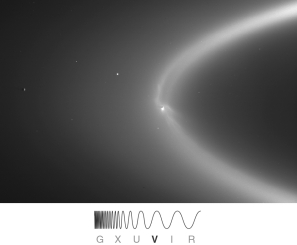 Saturn's E Ring is generated by material ejected from its moon Enceladus (the bright dot within the ring) , as pictured in the figure below.What is the minimum velocity that Enceladus's material must achieve in order to become part of the ring? Enceladus has a mass Of 1.08 *10<sup>20</sup> kg and a radius of 250 km.   A)  3.2 km/s B)  1.7 km/s C)  1.1 km/s D)  0.55 km/s E)  0.24 km/s