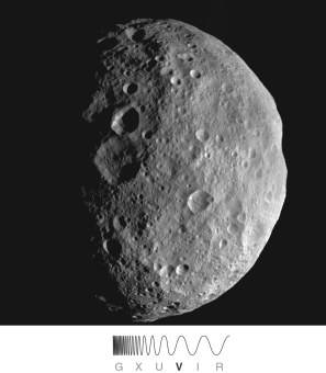 The image of asteroid Vesta, shown in the figure below, must have been taken by   A)  the Hubble Space Telescope. B)  a refracting telescope. C)  a nearby spacecraft. D)  a radio telescope. E)  a landed rover.